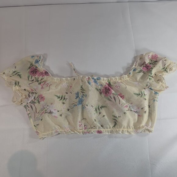 La Vie En Rose Sheer Yellow Floral Short Sleeve Poof Shirt Top M Medium Mesh - Picture 9 of 10